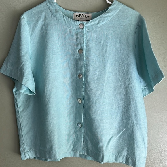 Orvis 100% Linen Shell Button Front Top Short Sleeves Green Size M 10-12 - Picture 1 of 4